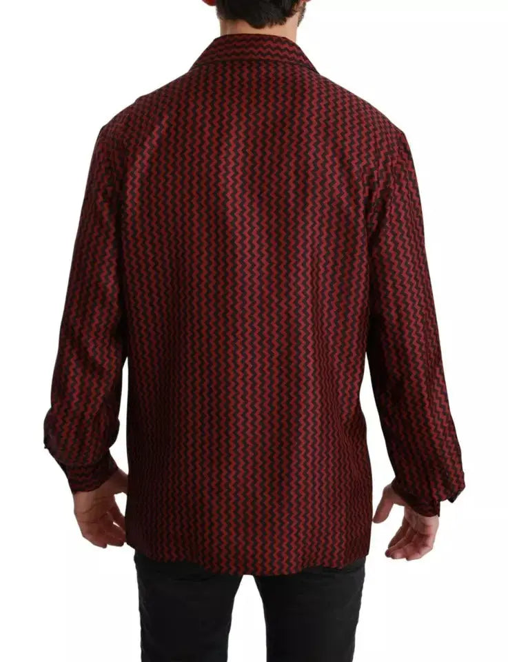 Dolce & gabbana chemise décontractée à manches longues en zigzag noir et bordeaux avec un léger éclat