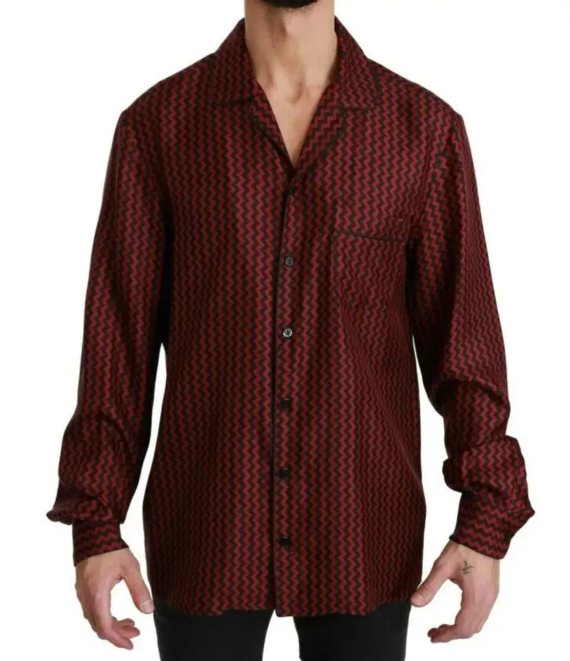 Chemise casual dolce & gabbana manches longues bordeaux à motifs zigzag noirs en tissu texturé avec léger brillant