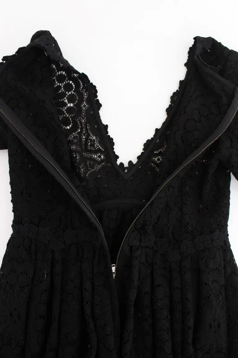 Robe maxi noire dolce & gabbana en maille ricamo avec décolleté plongeant et motifs floraux délicats en dentelle