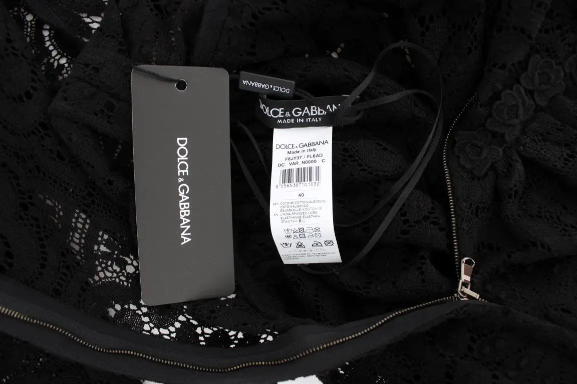 Dolce & Gabbana robe maxi noire en dentelle ricamo avec motifs floraux et fermeture éclair au dos