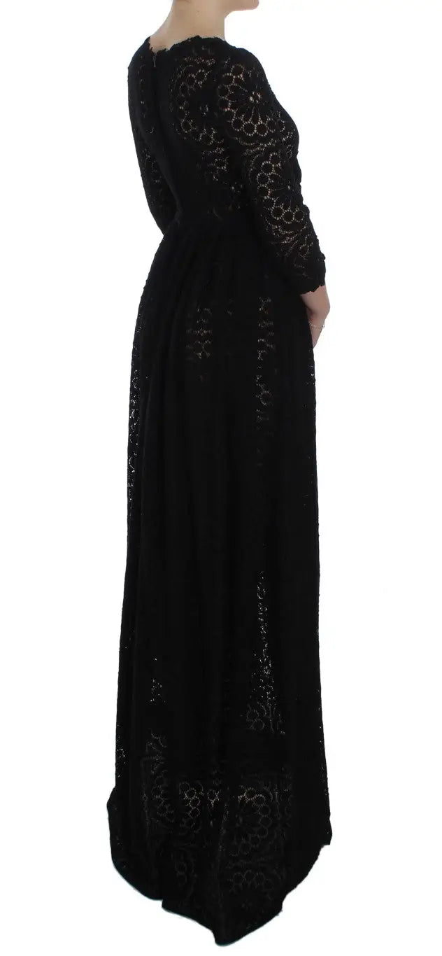 Robe maxi noire Dolce & Gabbana en dentelle avec manches longues et motifs floraux complexes en ricamo tricoté