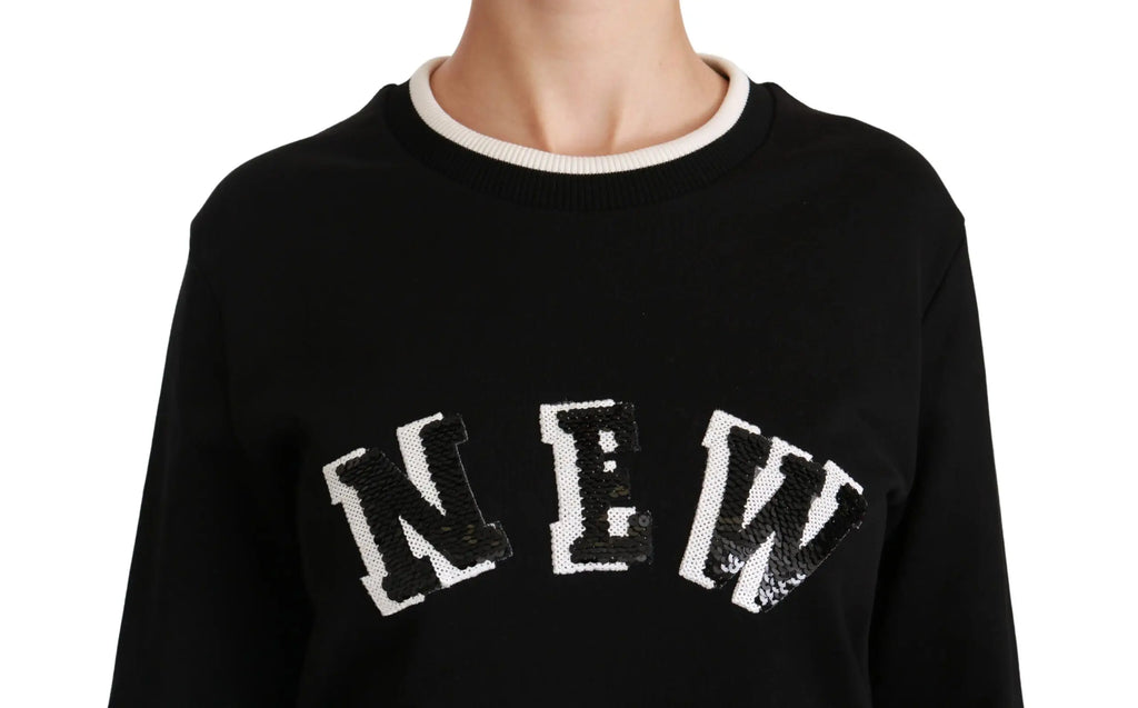 Sweatshirt noir dolce et gabbana rinascimento avec lettering new en sequins blancs et col rond côtelé crème