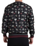 Veste bomber noire dolce & gabbana en soie avec motif répétitif de bagues de championnat argent et bordeaux