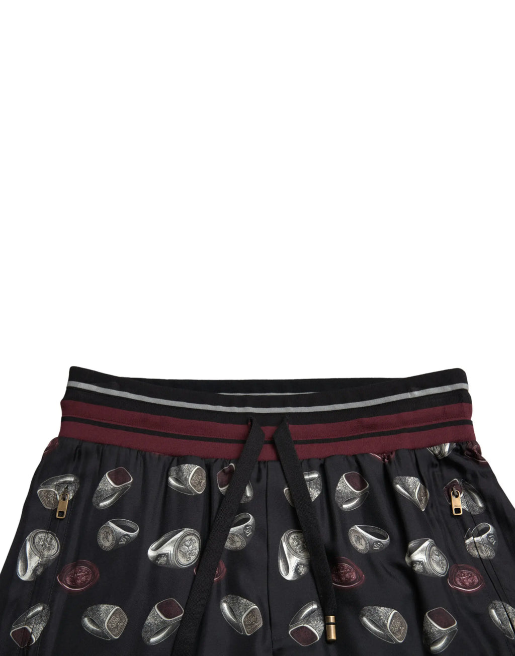 Pantalon jogging en soie dolce & gabbana noir avec motif anneaux argent et bordeaux et taille rayée en noir blanc et bordeaux