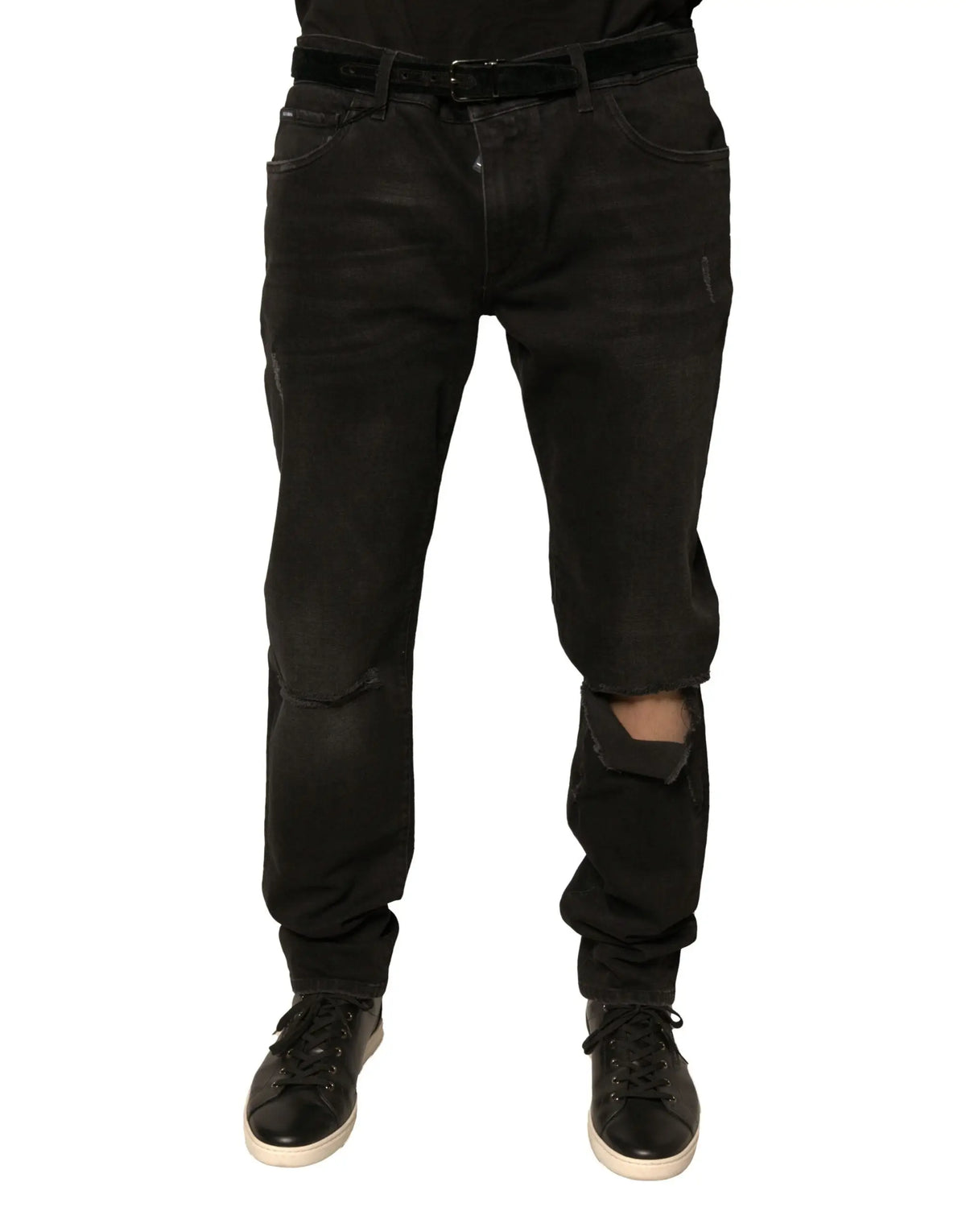 Dolce & Gabbana jean skinny en denim coton noir avec logo déchiré aux genoux et ceinture noire