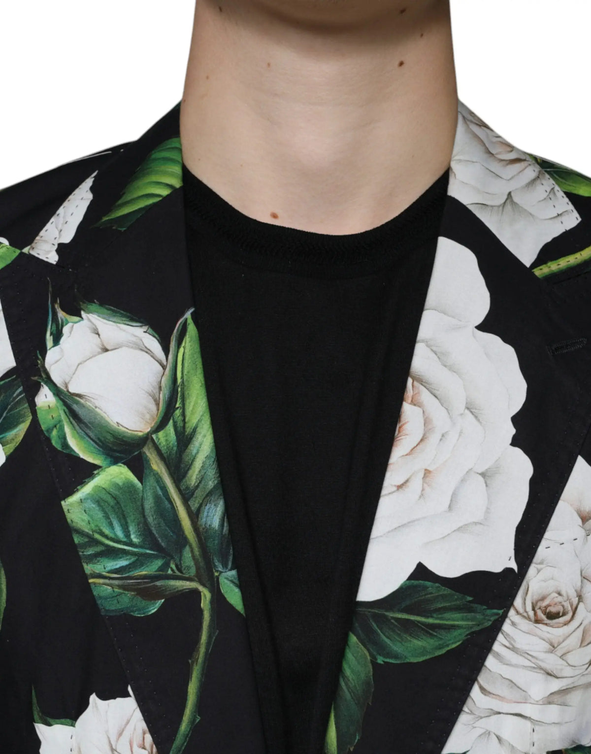Dolce & Gabbana costume homme en coton noir avec motif floral blanc de roses et feuilles vertes pour tenue formelle