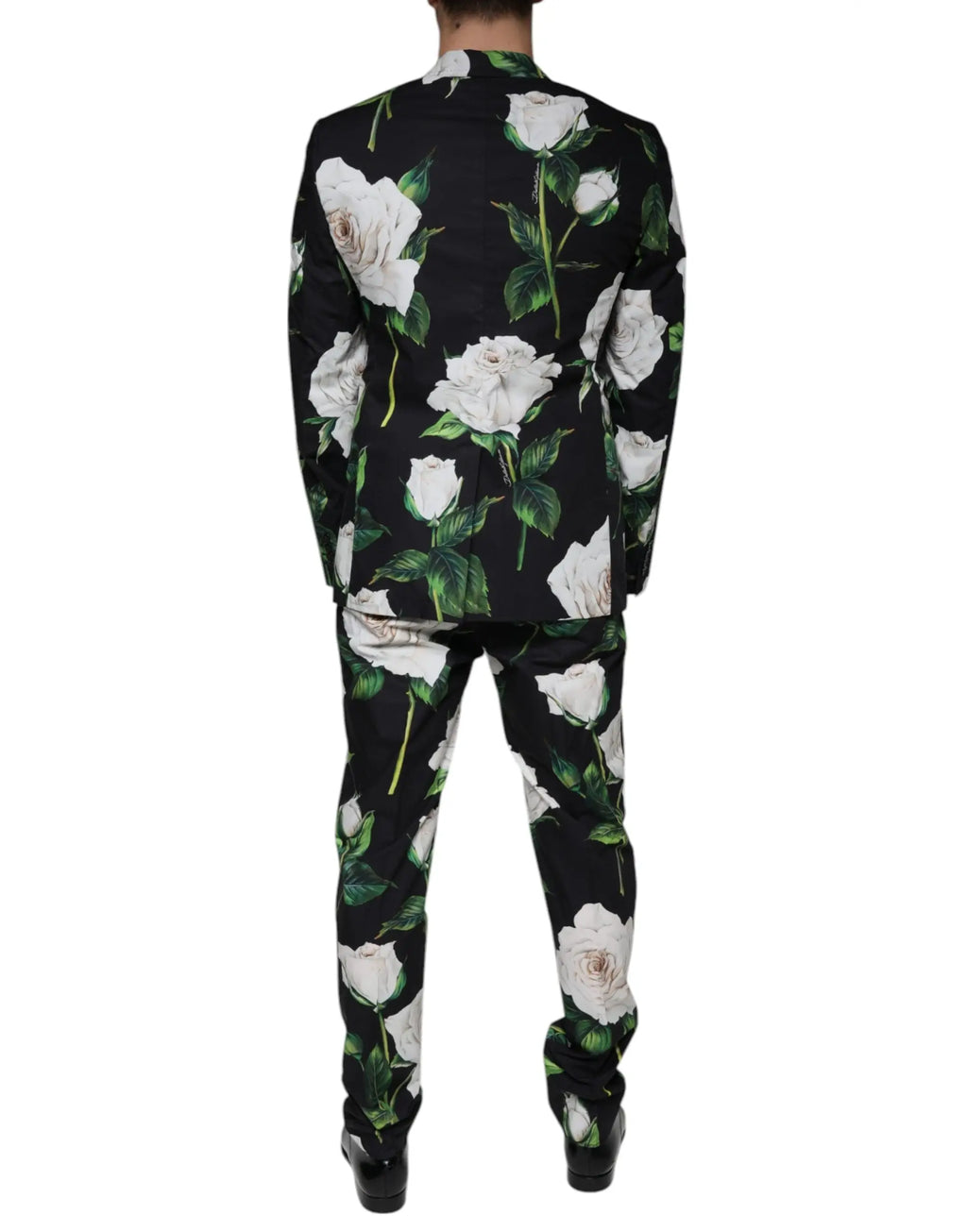 Costume deux pièces homme dolce gabbana en coton noir avec motif audacieux de rose blanche et feuille verte