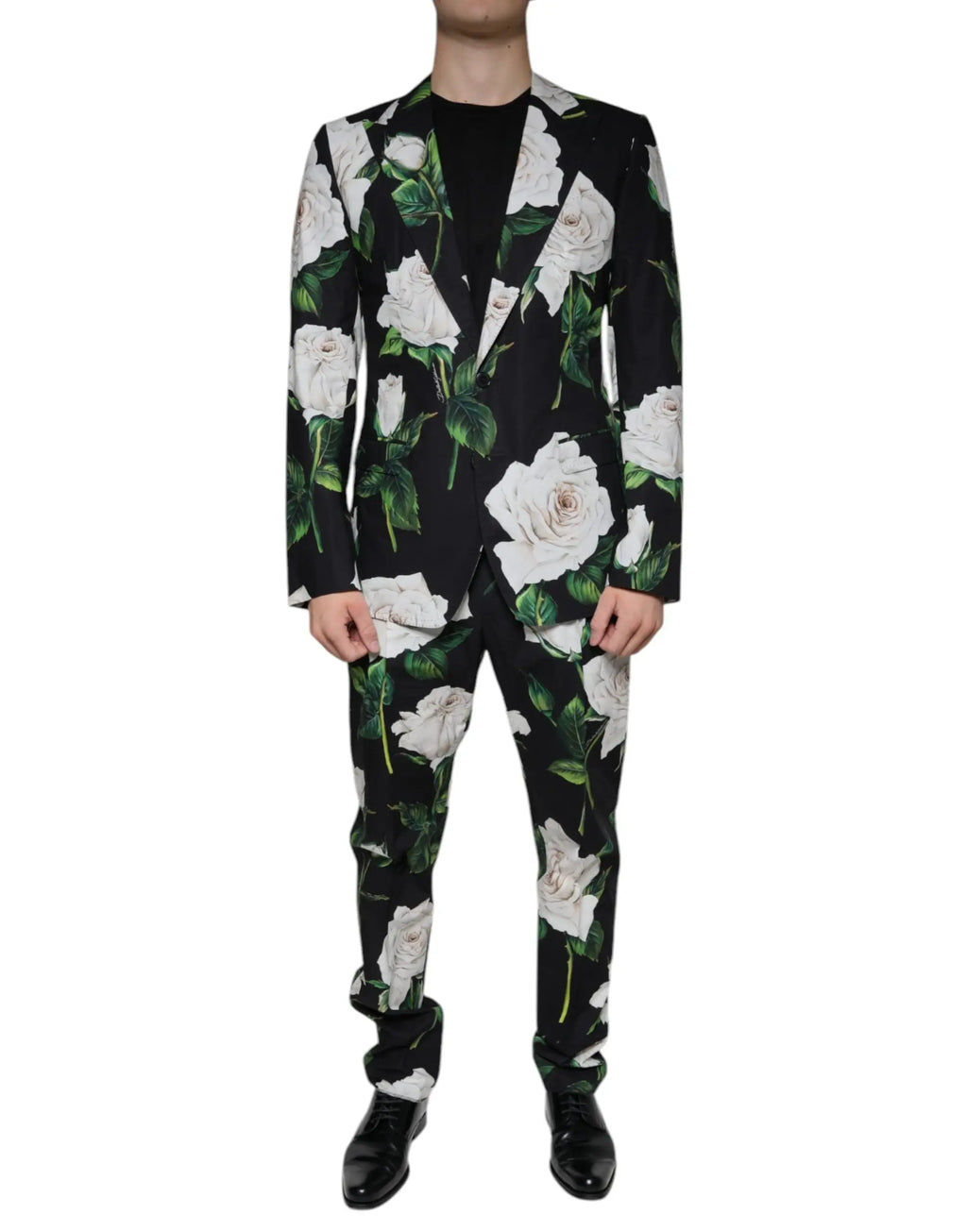 Dolce & Gabbana costume homme 2 pièces en coton noir avec motif rose blanche audacieuse et feuille verte, coupe ajustée