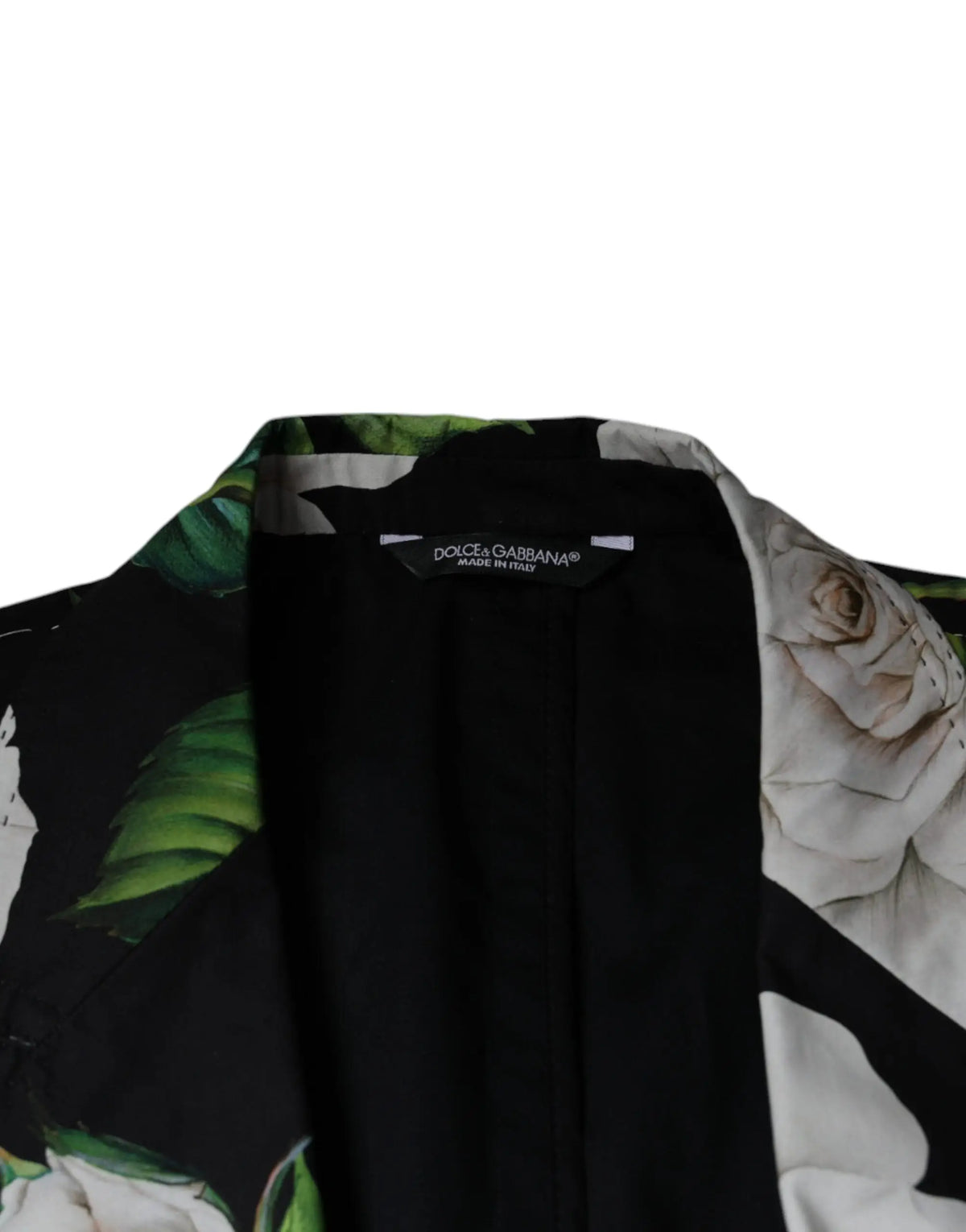 Veste noire dolce & gabbana avec motif floral audacieux de roses blanches et feuilles vertes en coton pour homme