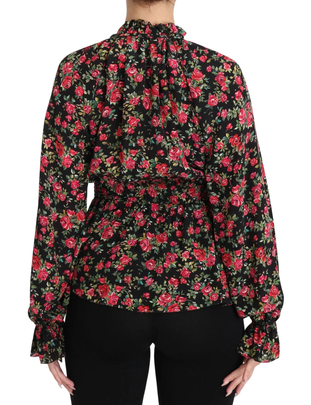 Blouse noire dolce & gabbana avec imprimé floral rose rouge vif et col à volants manches longues à poignets froncés