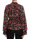 Blouse noire dolce & gabbana avec imprimé floral rose rouge vif et col à volants manches longues à poignets froncés