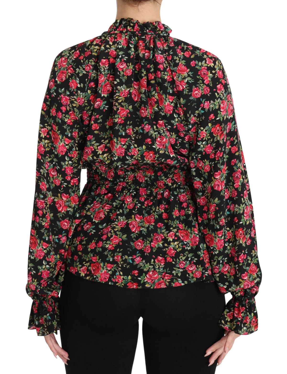 Blouse noire dolce & gabbana avec imprimé floral rose rouge vif et col à volants manches longues à poignets froncés