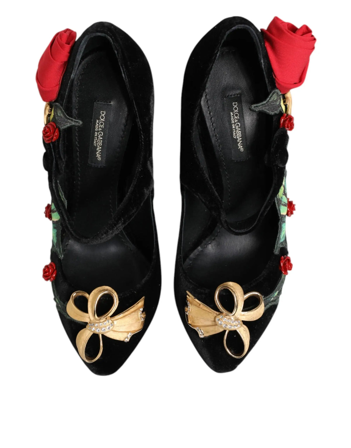 Dolce & gabbana mary jane en velours noir avec talons hauts, roses en tissu rouge et nœuds dorés en cristal