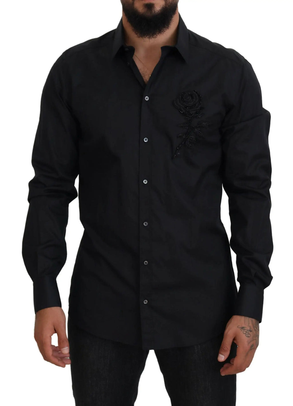 Chemise dolce & gabbana noir slim fit en coton avec broderie détaillée de rose sur la poitrine