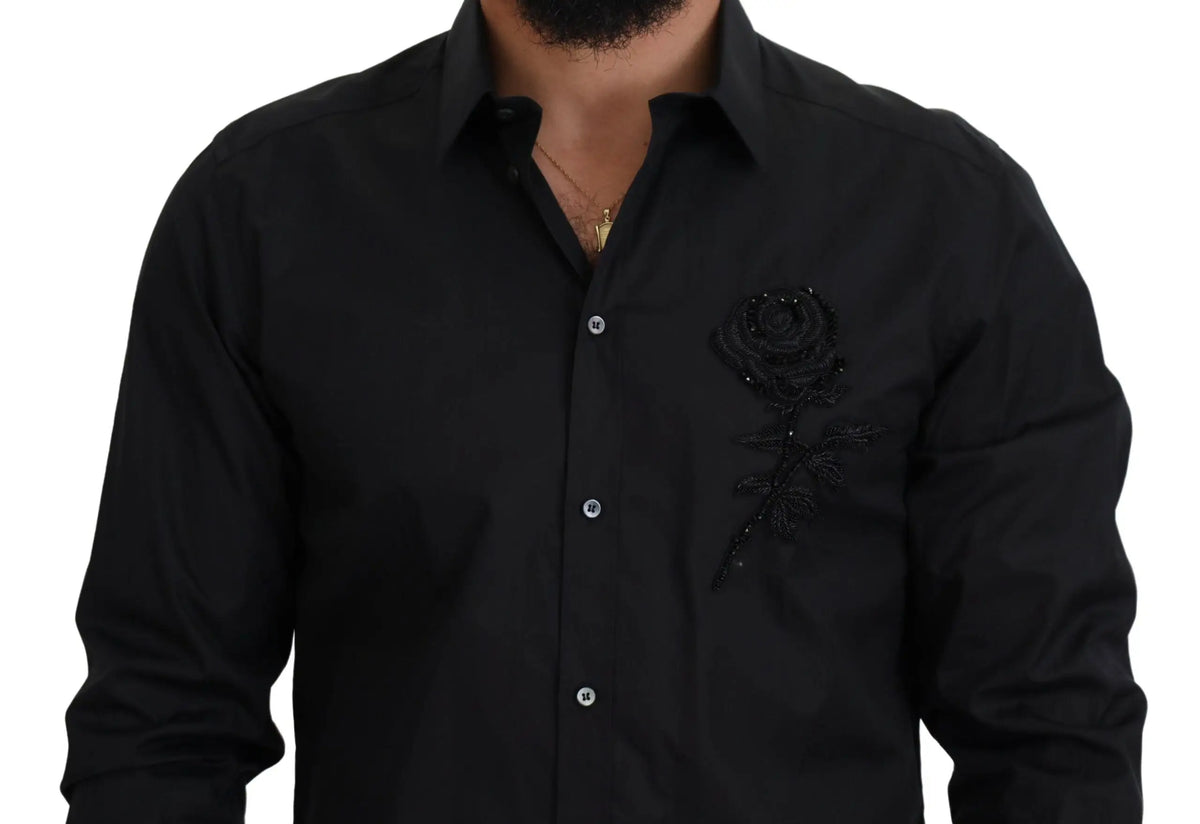 Chemise slim fit en coton noire dolce & gabbana avec broderie rose perlée détaillée sur la poitrine