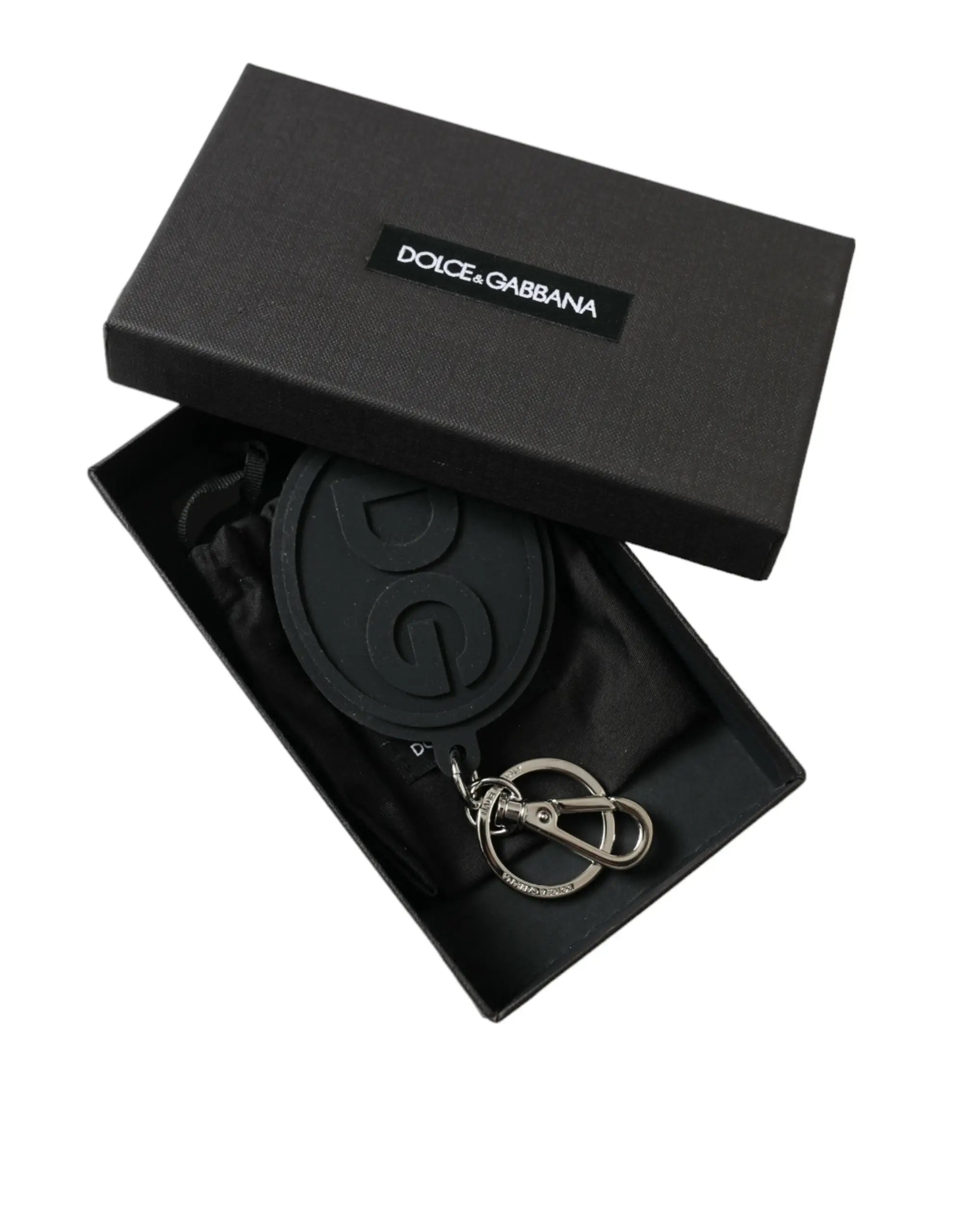 Dolce & gabbana porte-clés noir en caoutchouc avec logo embossé et mousqueton en métal argenté en laiton