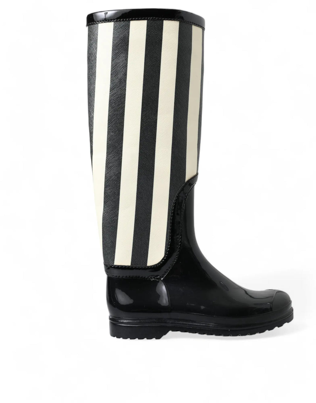 Bottes plates noires en caoutchouc dolce & gabbana à rayures verticales noires et crème en cuir verni