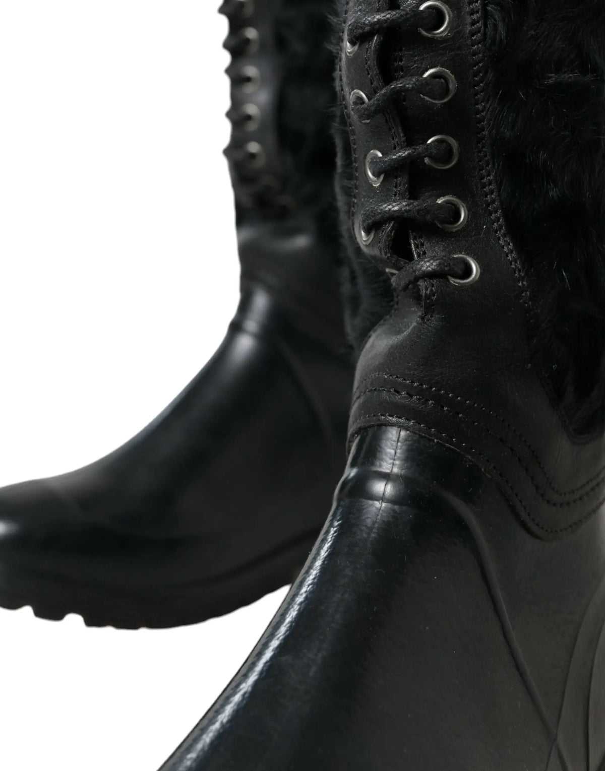 Bottes de pluie dolce & gabbana noires en caoutchouc à lacets avec finition brillante et doublure en fausse fourrure
