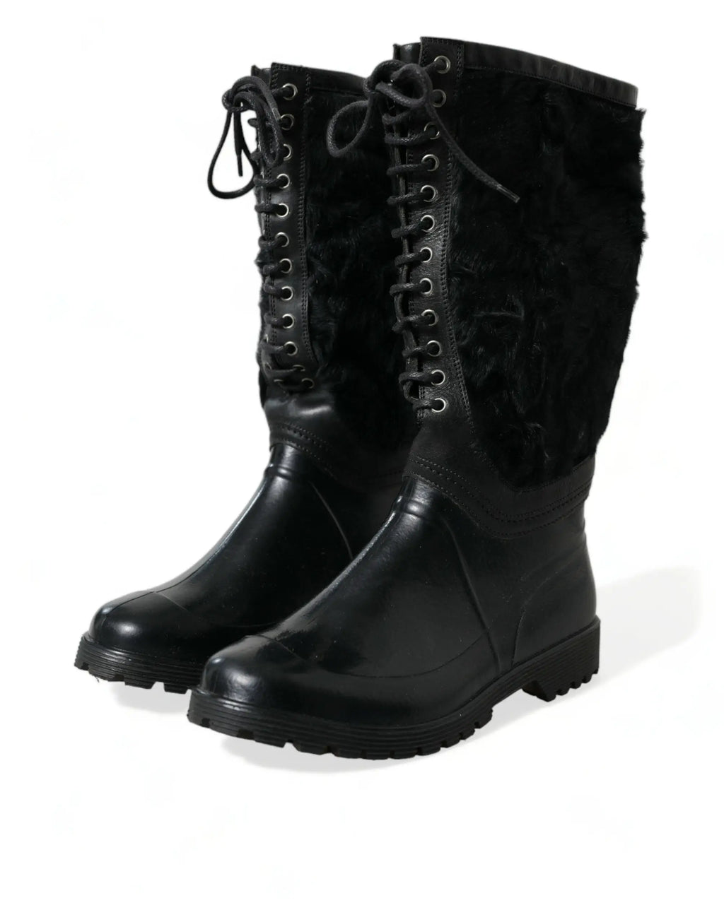 Bottes de pluie noirs dolce & gabbana en caoutchouc avec lacets et dessus en shearling texturé pelucheux