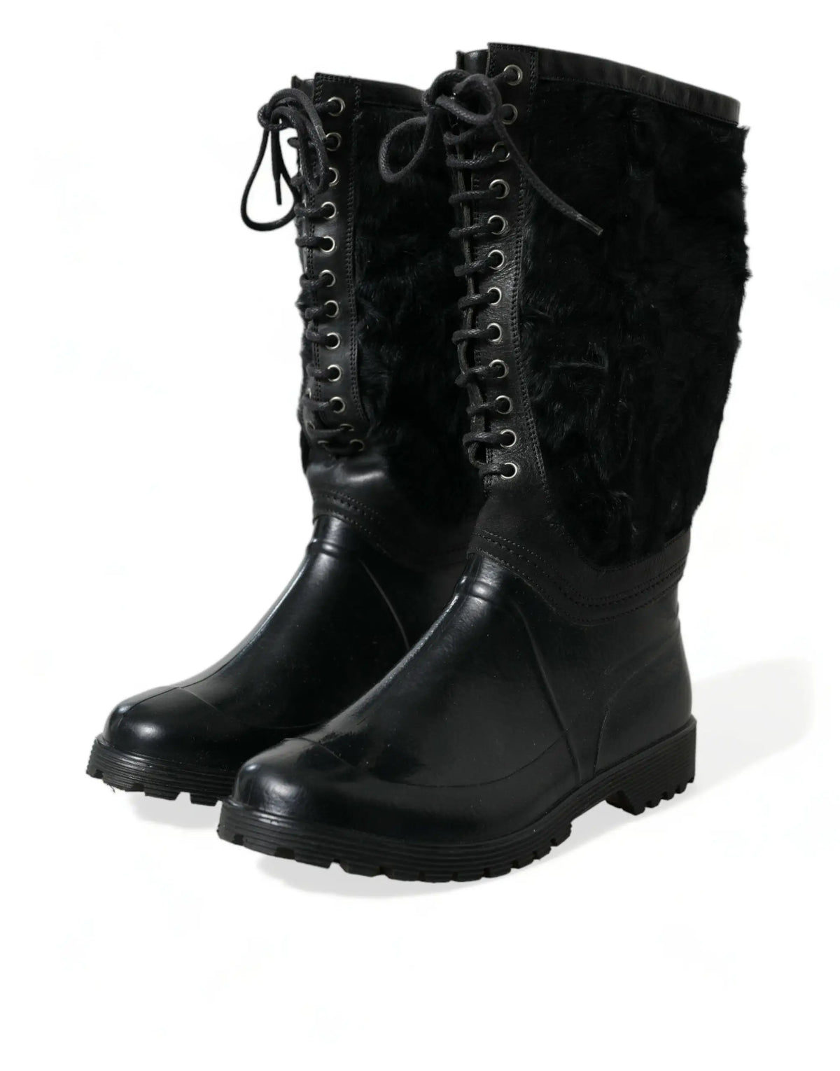 Bottes de pluie noirs dolce & gabbana en caoutchouc avec lacets et dessus en shearling texturé pelucheux