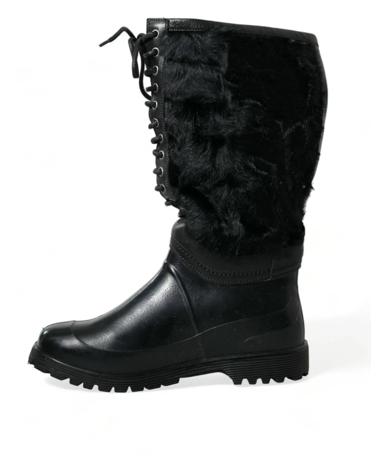 Bottes de pluie en caoutchouc noir dolce gabbana avec doublure en fausse fourrure et tige lacée