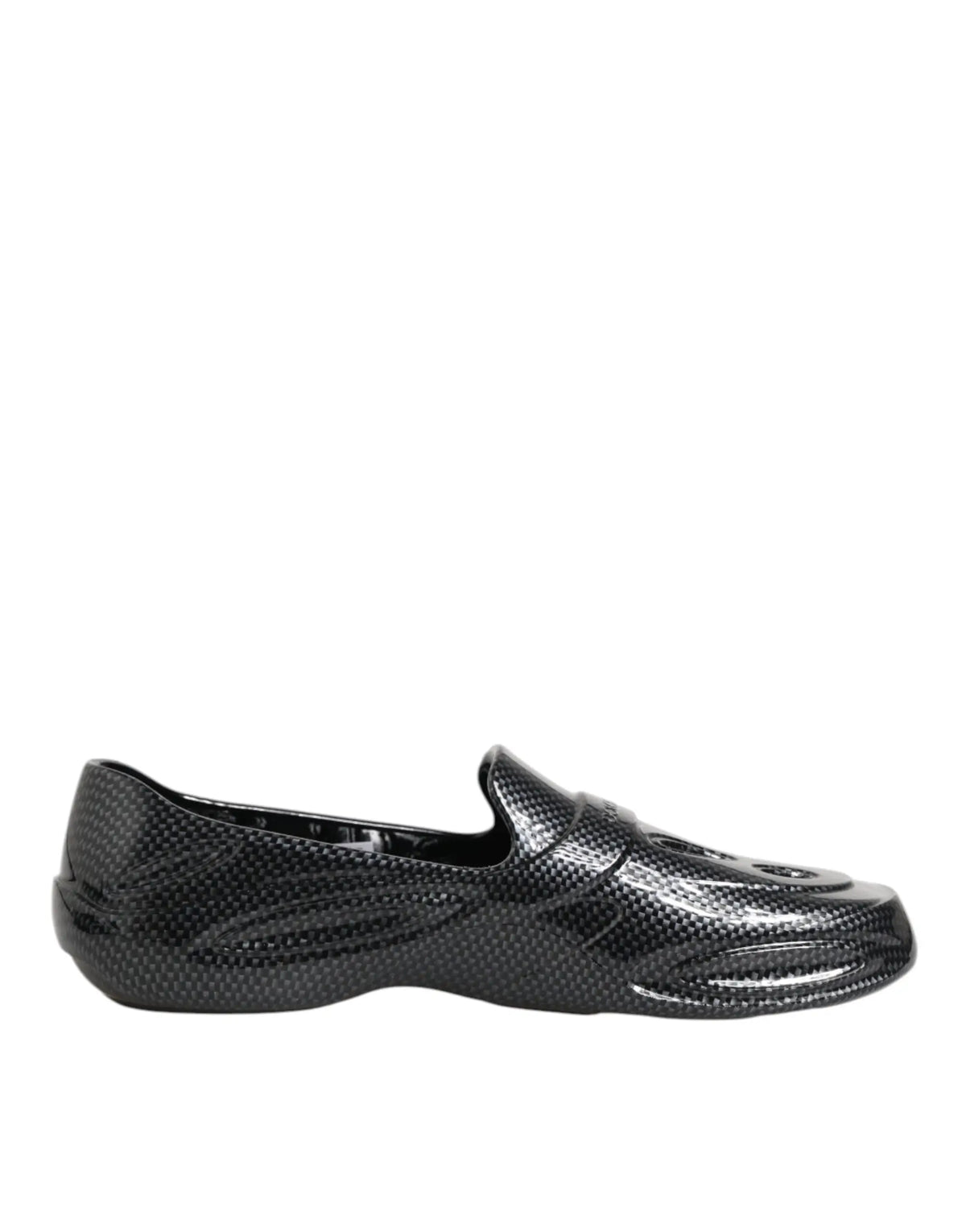 Dolce & gabbana black rubber slides low top sneakers shoes with glossy textured loafer design in carbon fiber pattern