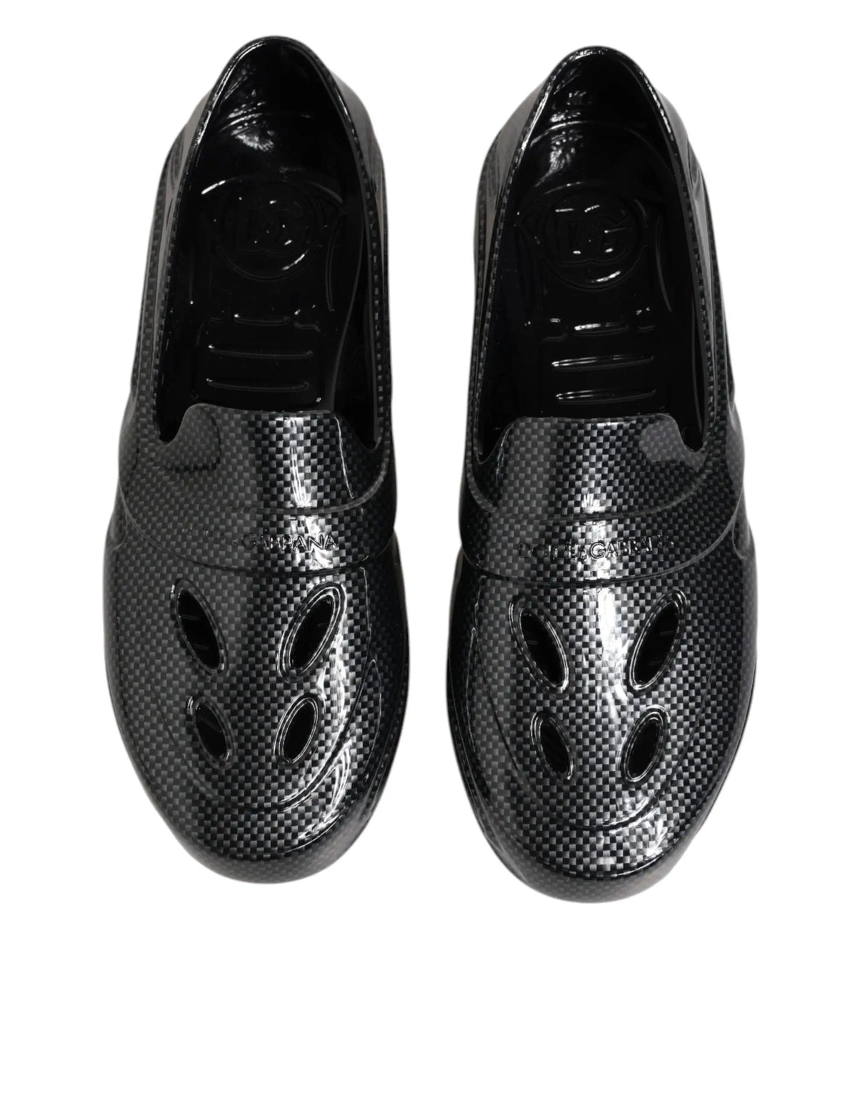 Dolce & gabbana black carbon fiber-effect slip-on shoes with glossy finish and oval cutouts on the toe