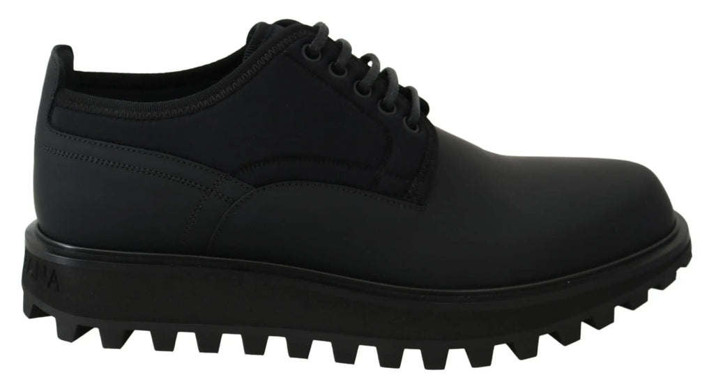 Dolce & gabbana derby vulcano noir en cuir de veau caoutchouté avec semelle chunky texturée en caoutchouc
