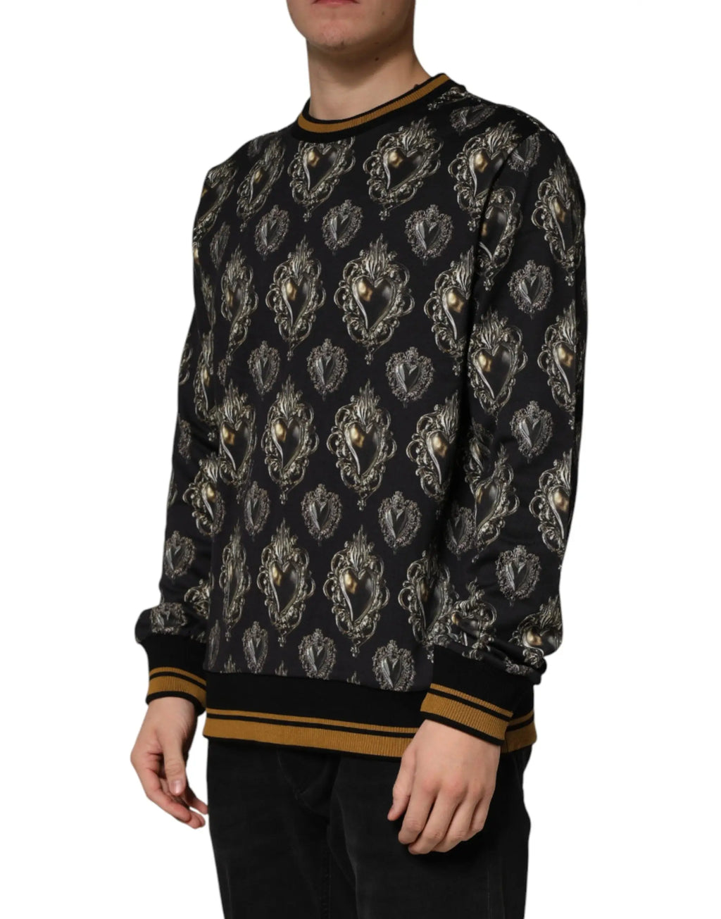 Sweatshirt dolce gabbana noir en coton avec motifs cœur sacrés ornés dorés et argentés