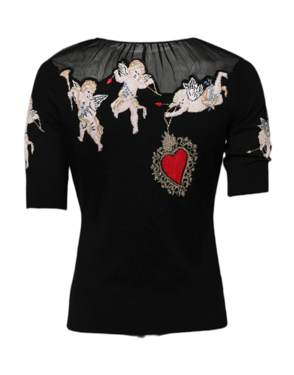 Dolce & gabbana top noir manches courtes avec broderies de chérubins et coeur rouge détails dorés
