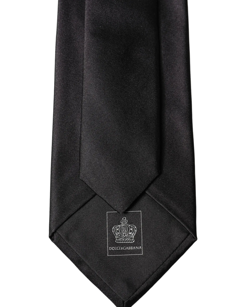 Cravate noire en satin dolce gabbana 100 pour cent soie avec logo couronne brodé et étiquette dolce gabbana