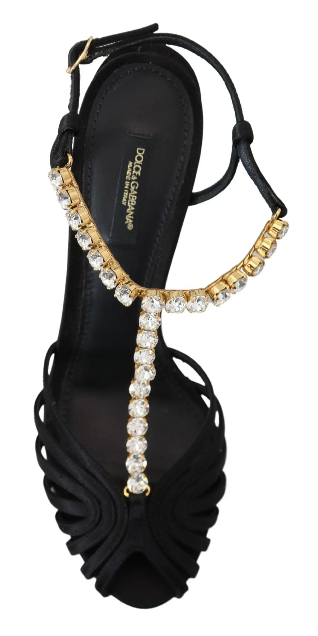 Sandales dolce & gabbana noires en satin à bride t ornées de chaîne dorée et de cristaux clairs étincelants