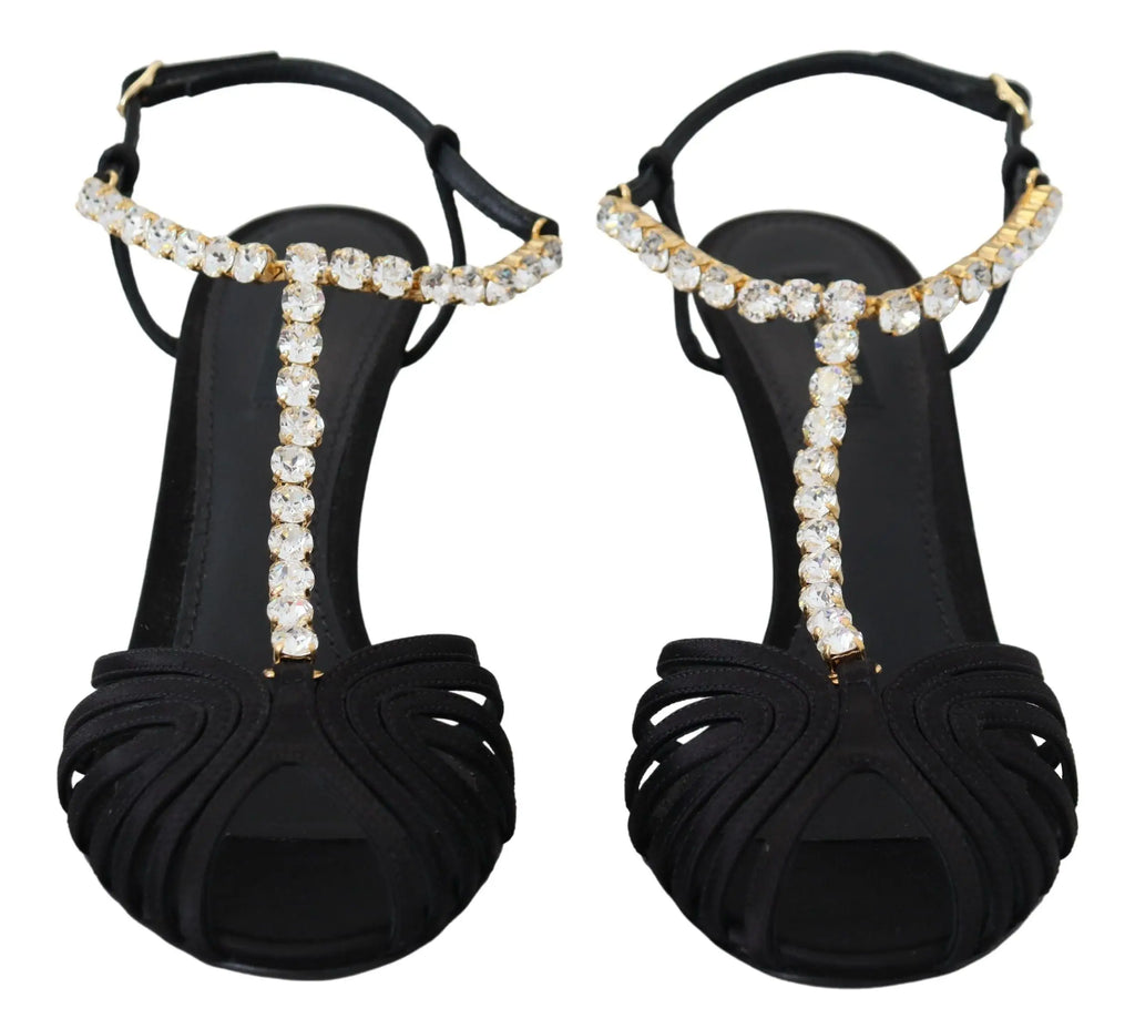 Sandales dolce & gabbana t-strap noires en satin avec cristaux clairs décoratifs et détail froncé ouvert au bout