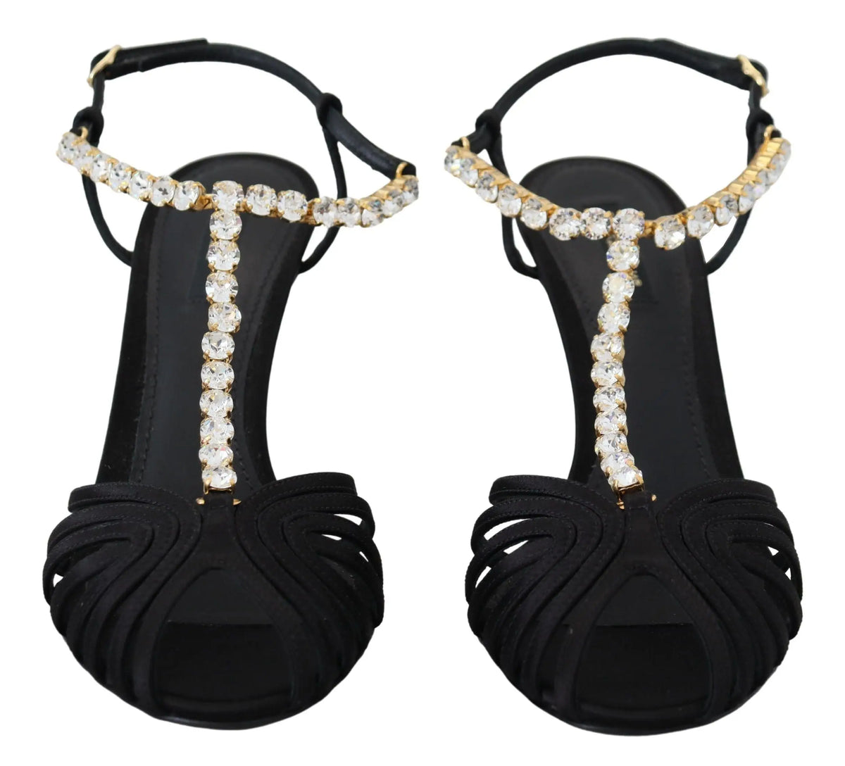 Sandales dolce & gabbana t-strap noires en satin avec cristaux clairs décoratifs et détail froncé ouvert au bout