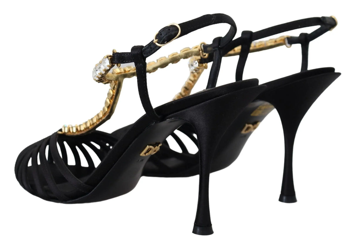 Dolce & gabbana sandales à talons en satin noir avec brides tressées dorées et ornements en cristal clair