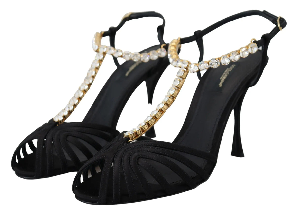 Sandales à talons hauts en daim noir dolce & gabbana avec lanière t ornée de cristaux clairs et hardware doré
