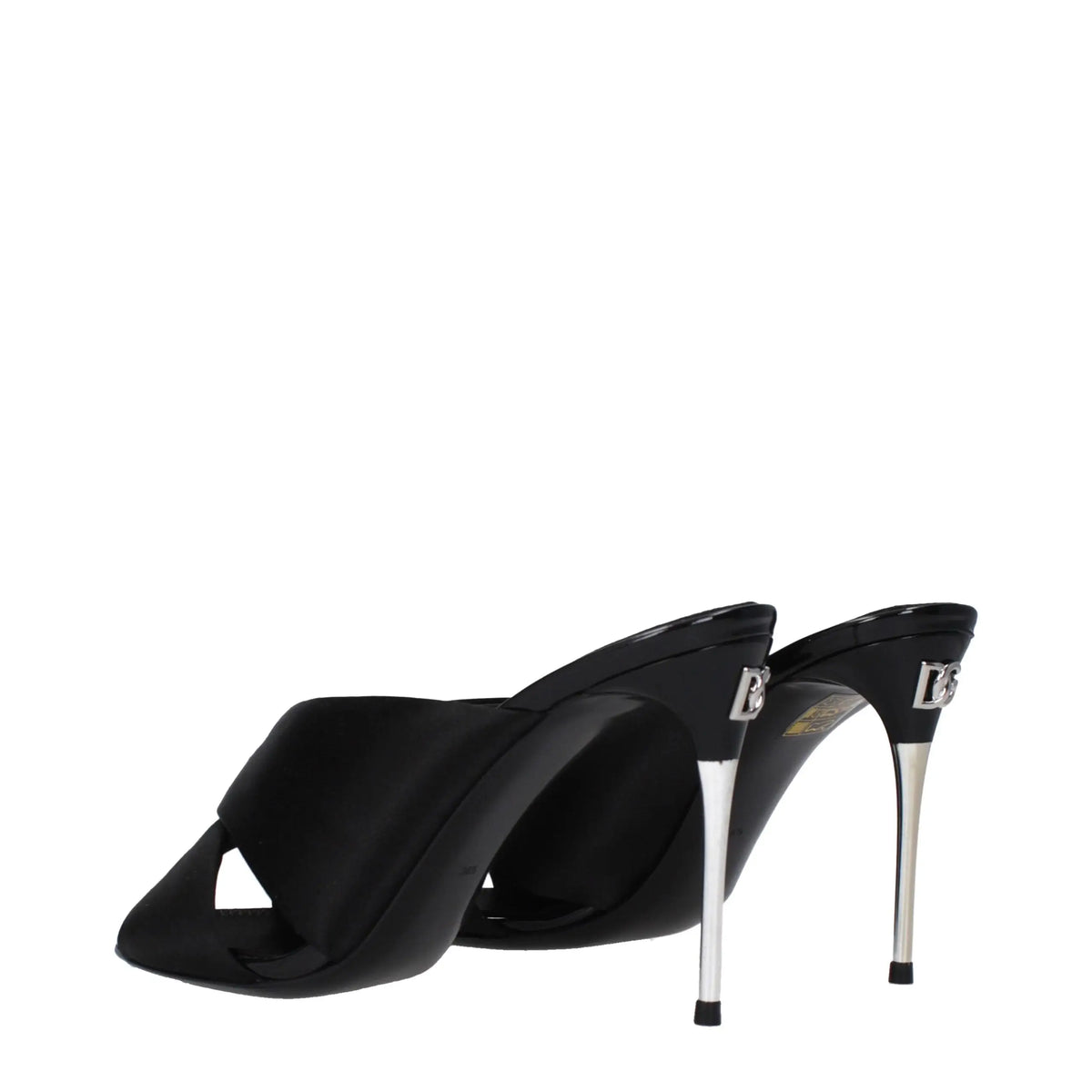 Dolce & gabbana sandales mule talon aiguilles en satin noir avec talon stiletto argenté et logo dg au dos