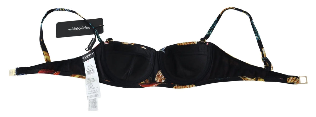 Dolce & gabbana bikini top noir avec imprimé papillon vibrant et détails dorés pour femme en maillot de bain seashells