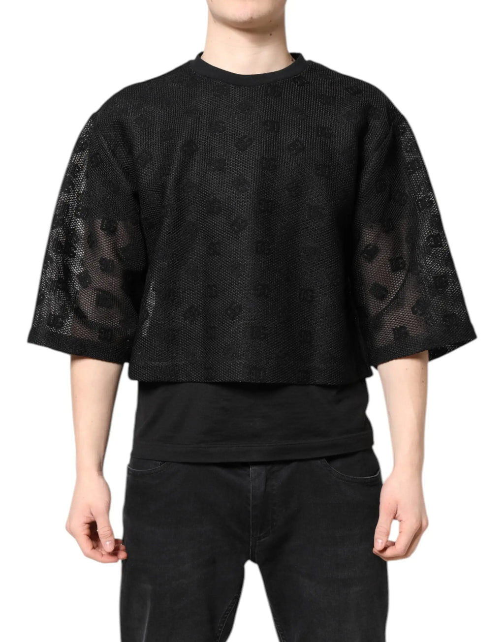 Top noir en mesh Dolce & Gabbana à manches courtes avec motif discret et ourlet court transparent