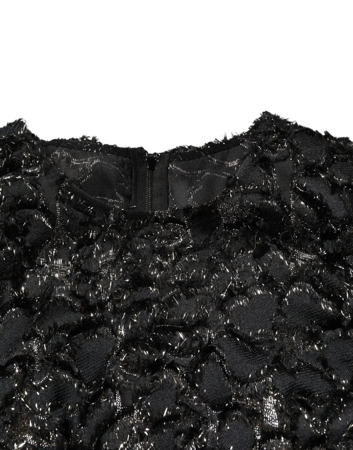 Robe noire en dentelle dolce & gabbana avec tissu texturé scintillant et fermeture éclair centrale au col