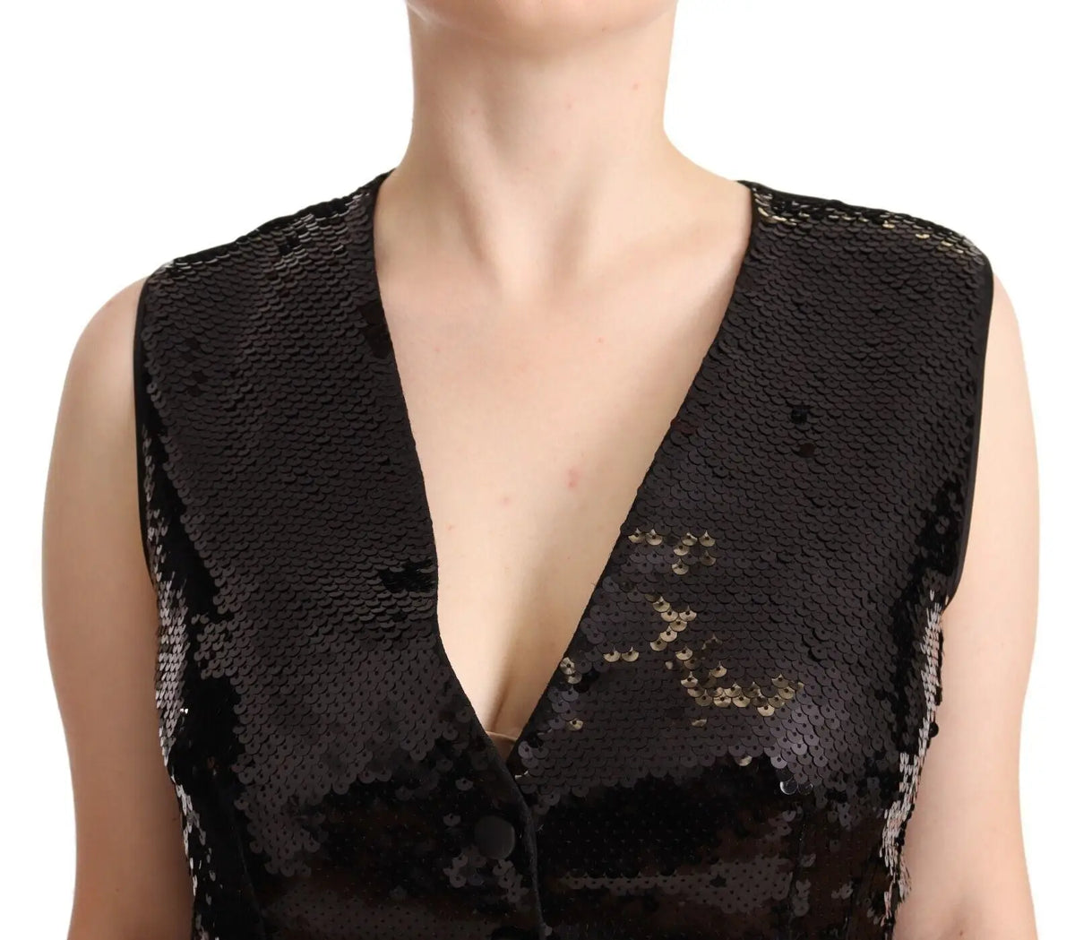 Dolce & gabbana black sequin v-neck sleeveless vest tank top avec détails subtils dorés en tissu pailleté