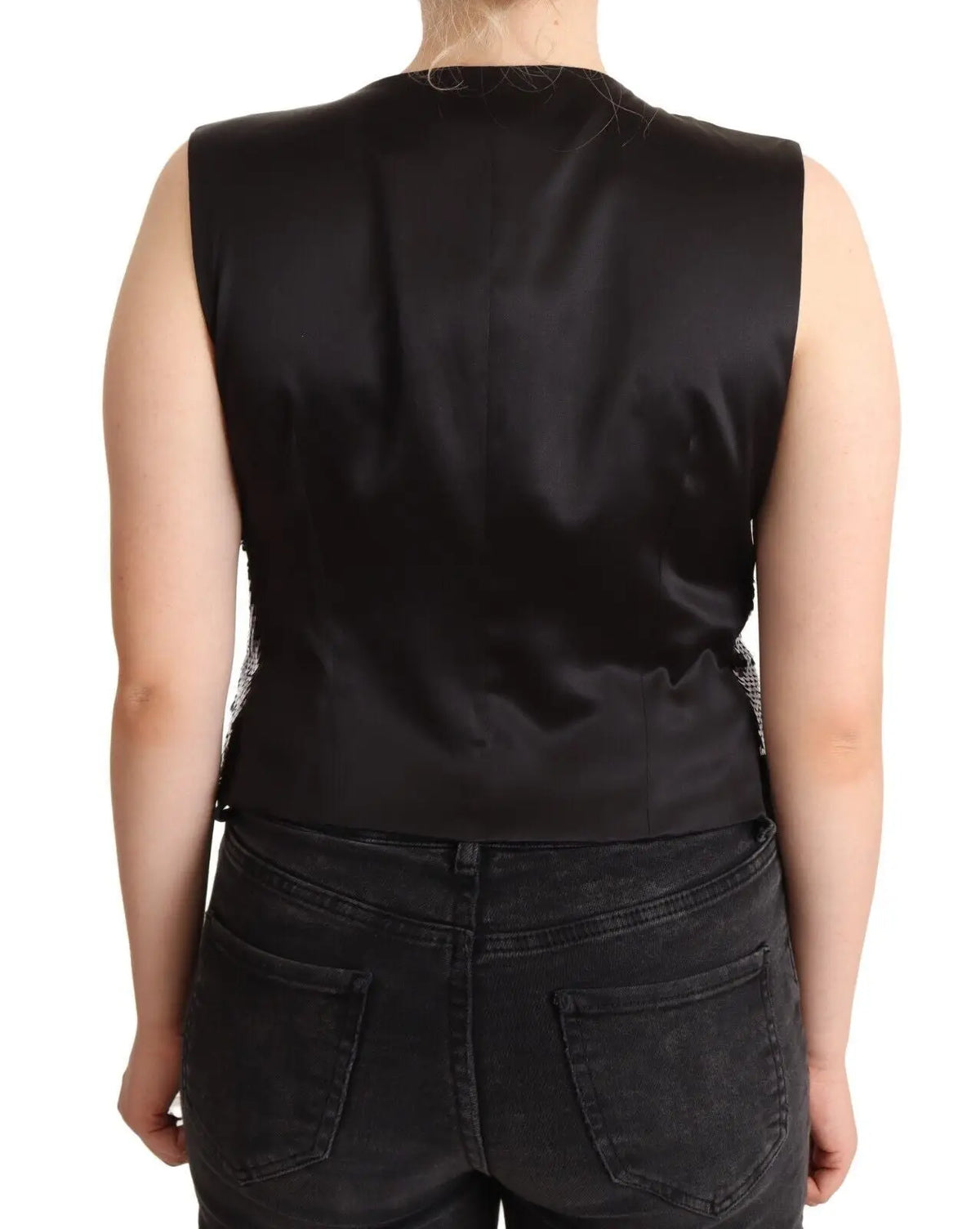 Dolce & gabbana top noir sans manches en satin avec fini brillant et détails subtils sur le côté