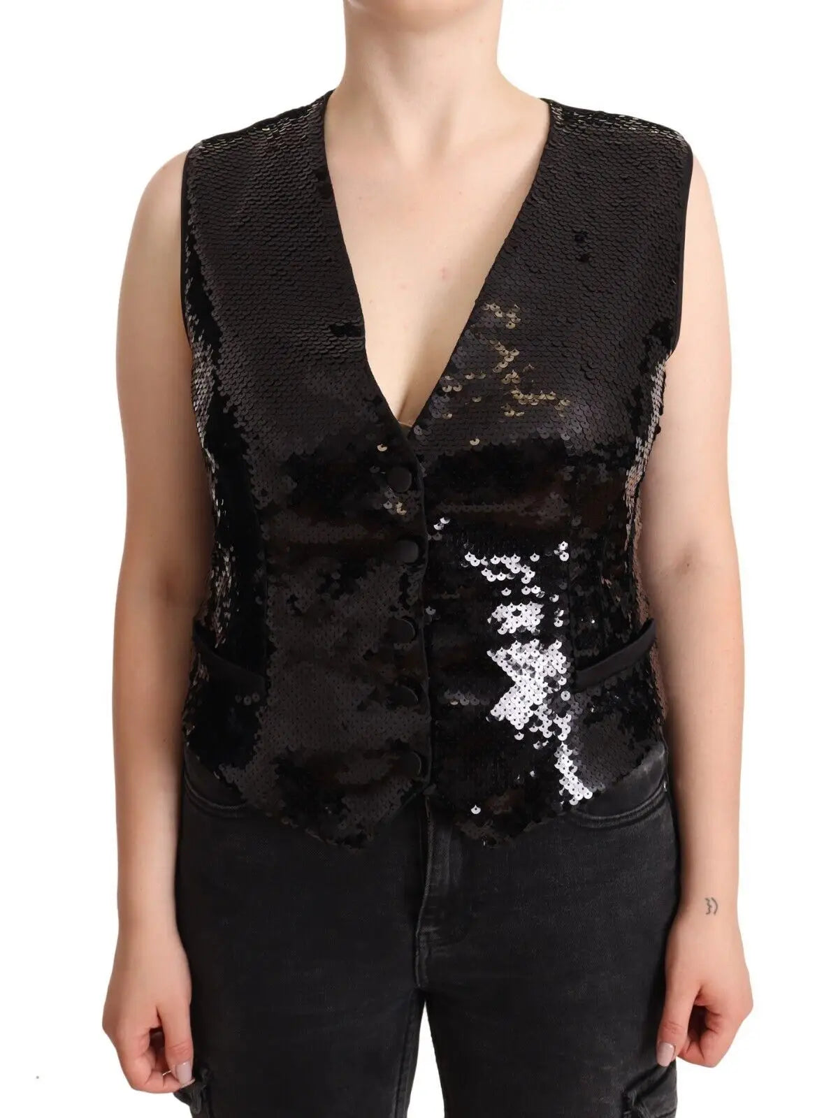 Dolce gabbana veste sans manches noire à sequins avec col en v et motifs abstraits blancs en sequins