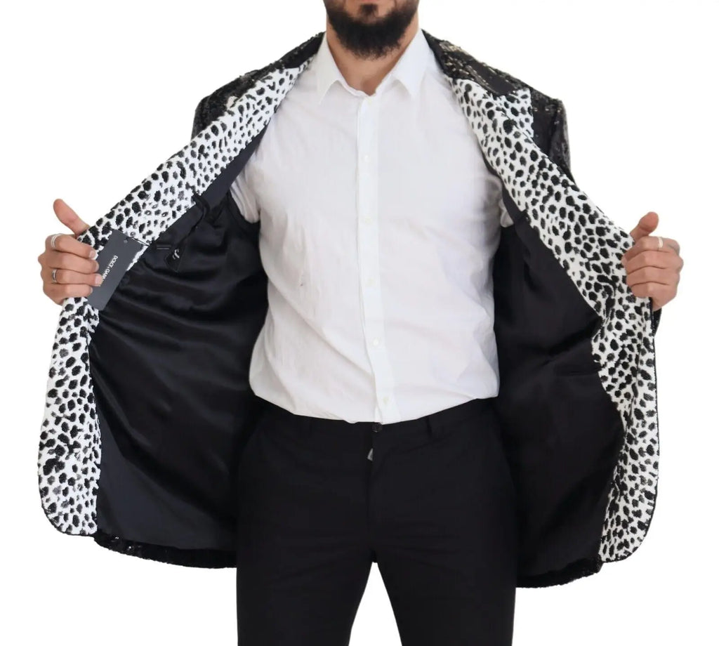 Blazer dolce & gabbana noir avec imprimé léopard blanc et noir en nylon sequiné à coupe ajustée élégante