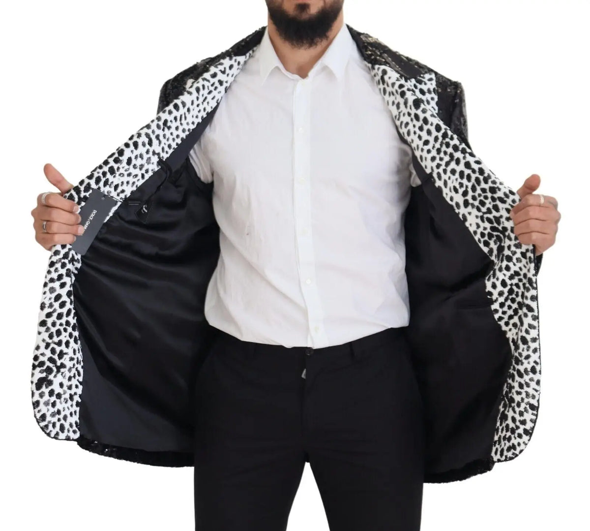 Blazer dolce & gabbana noir avec imprimé léopard blanc et noir en nylon sequiné à coupe ajustée élégante