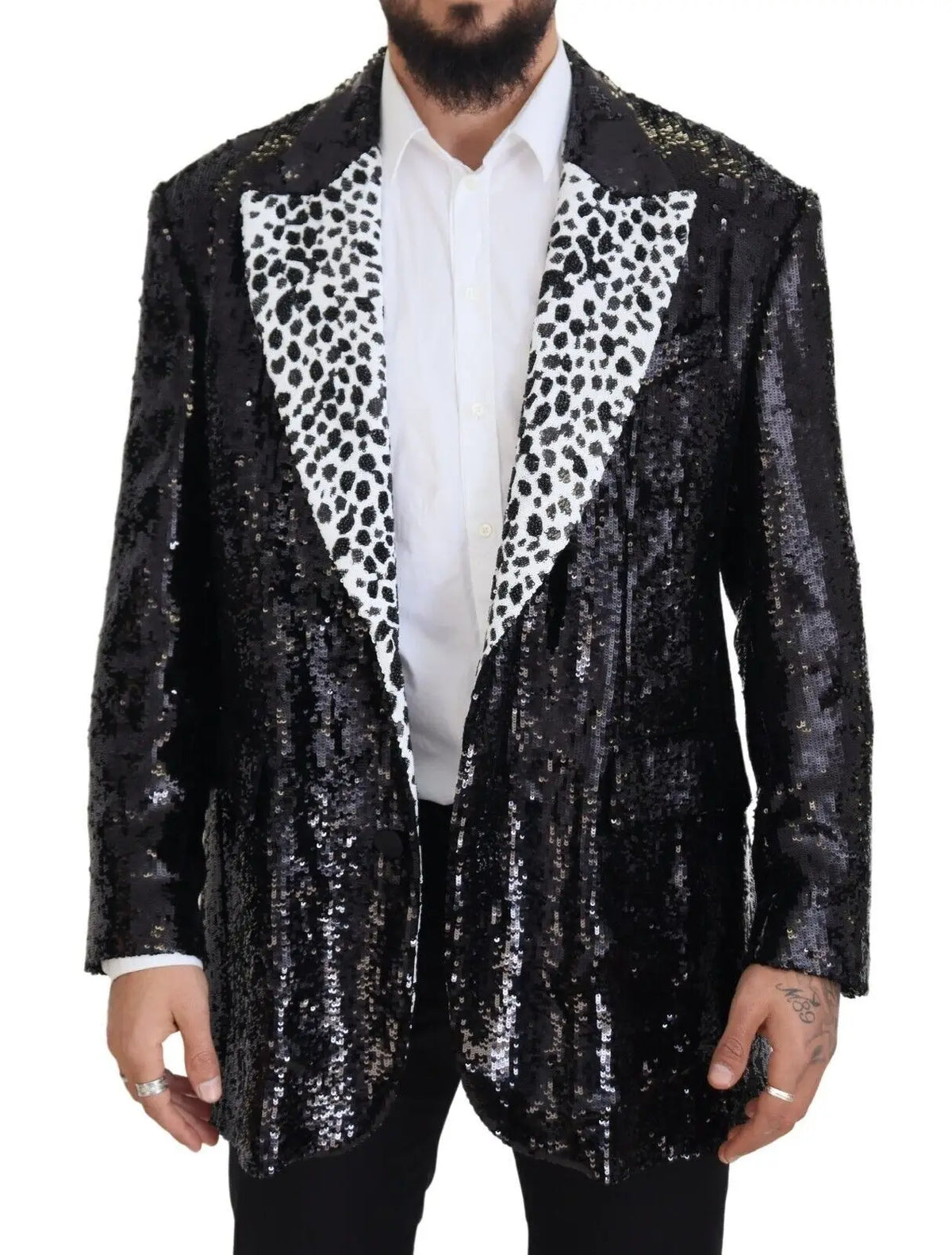 Dolce & Gabbana blazer en nylon noir à sequins avec revers blanc motif léopard