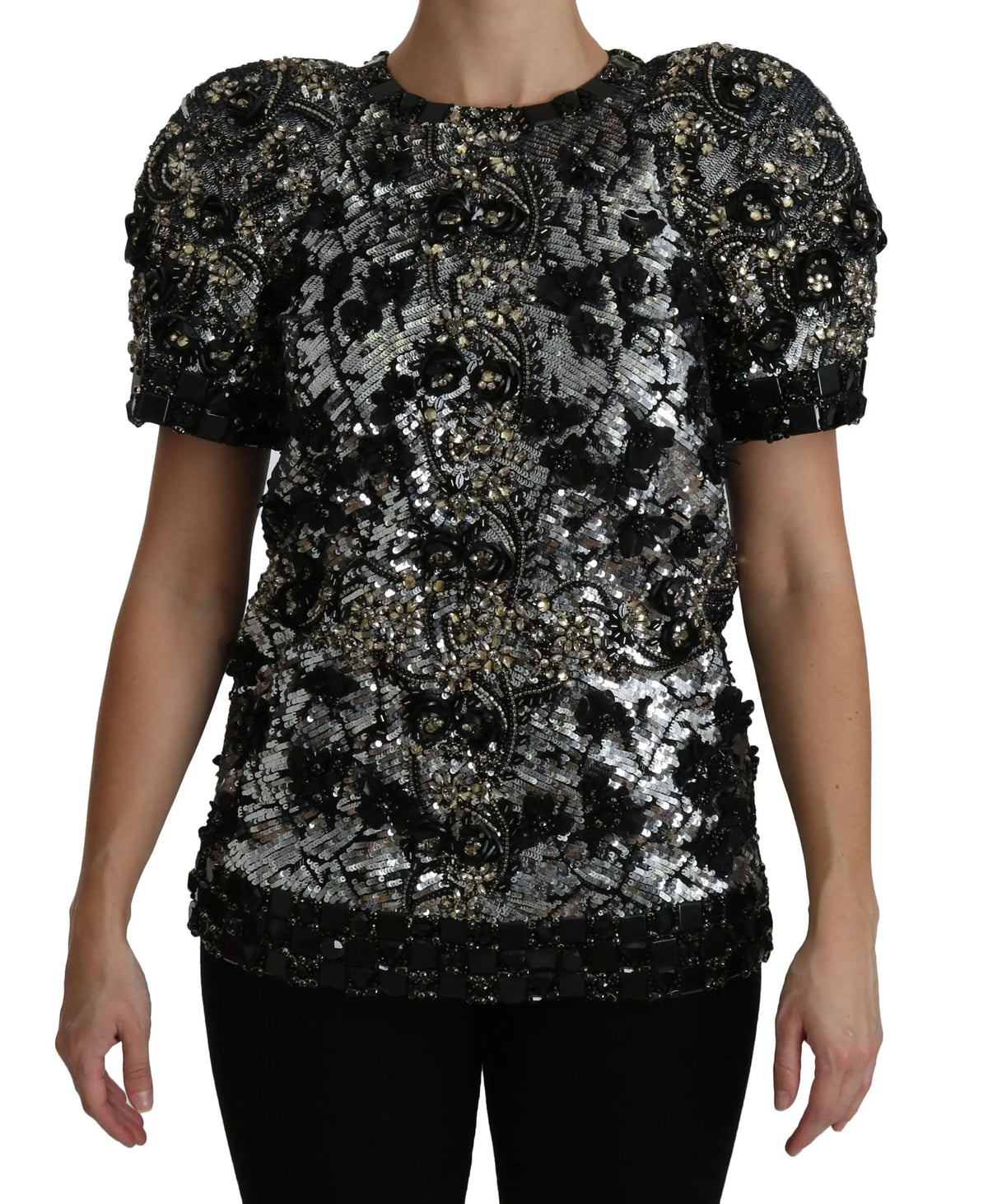Dolce & Gabbana top noir et argent à sequins avec manches bouffantes et broderie florale complexe en cristal