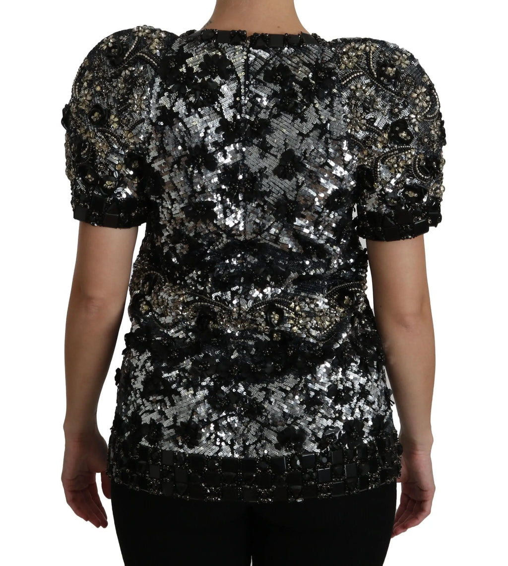 Dolce gabbana blouse noire à sequins argentés avec manches bouffantes et embellissements en cristaux