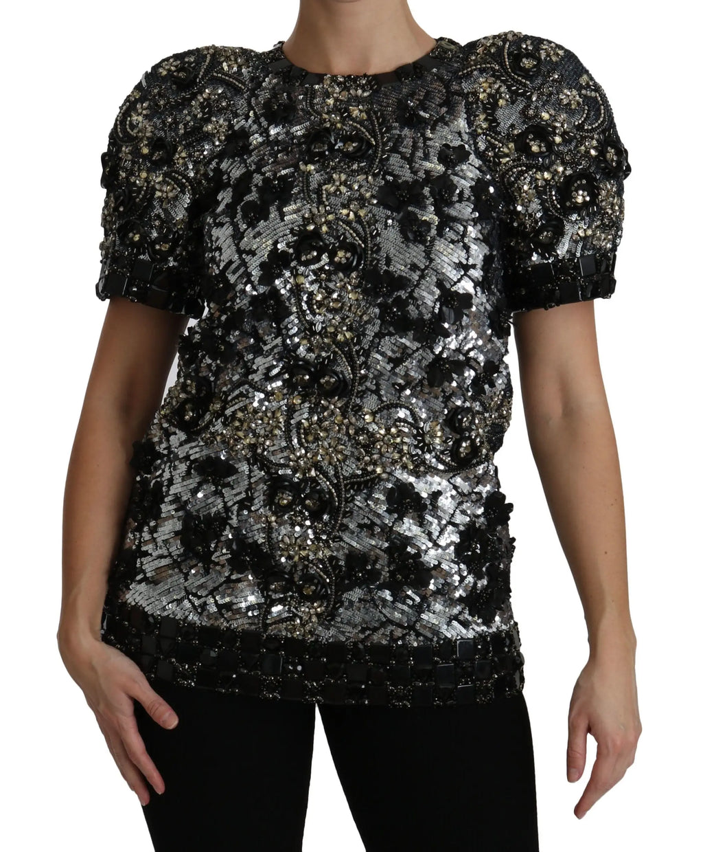 Dolce & gabbana blouse noire en sequins argentés avec manches bouffantes et broderies florales en cristal