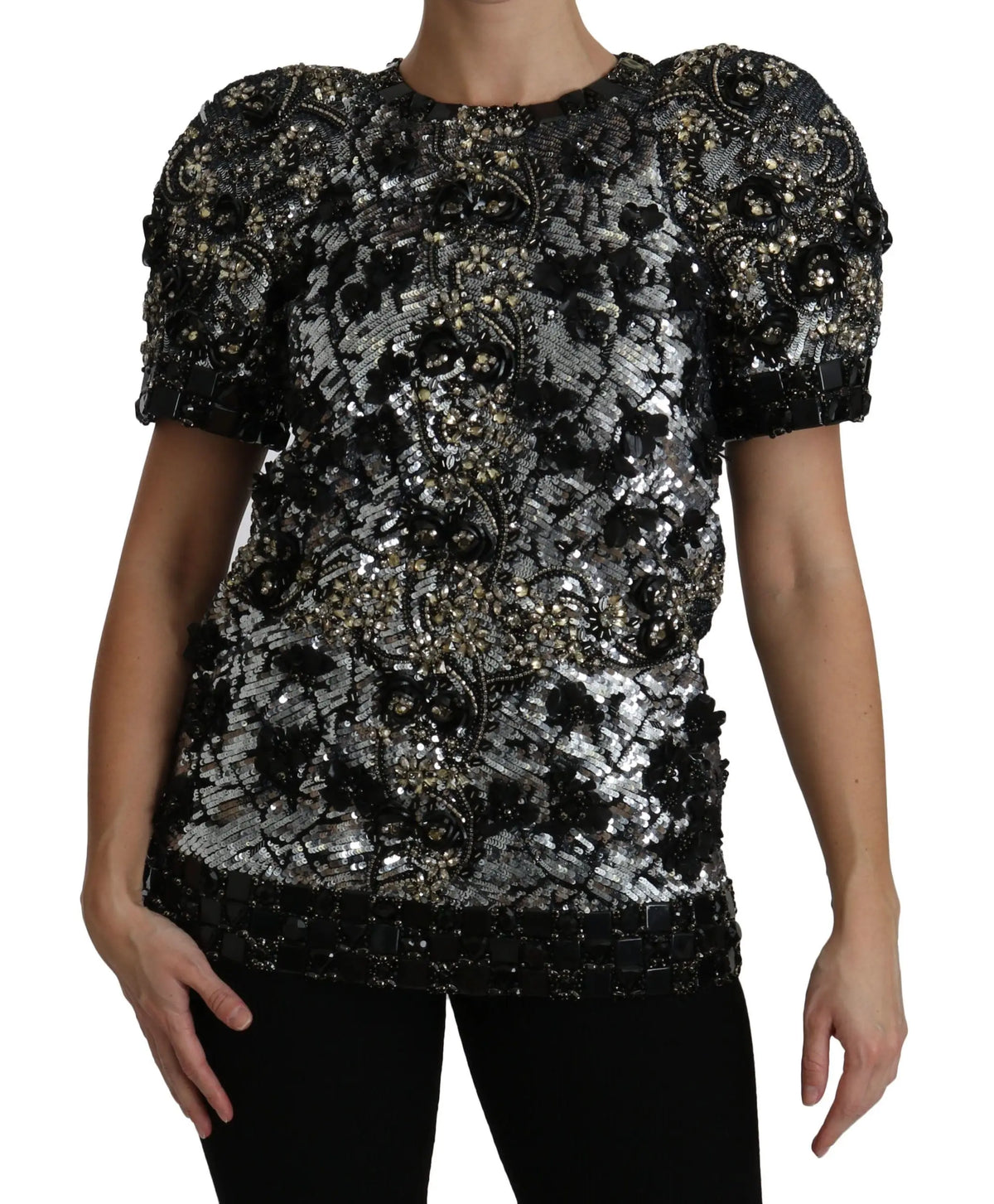 Dolce & gabbana blouse noire en sequins argentés avec manches bouffantes et broderies florales en cristal